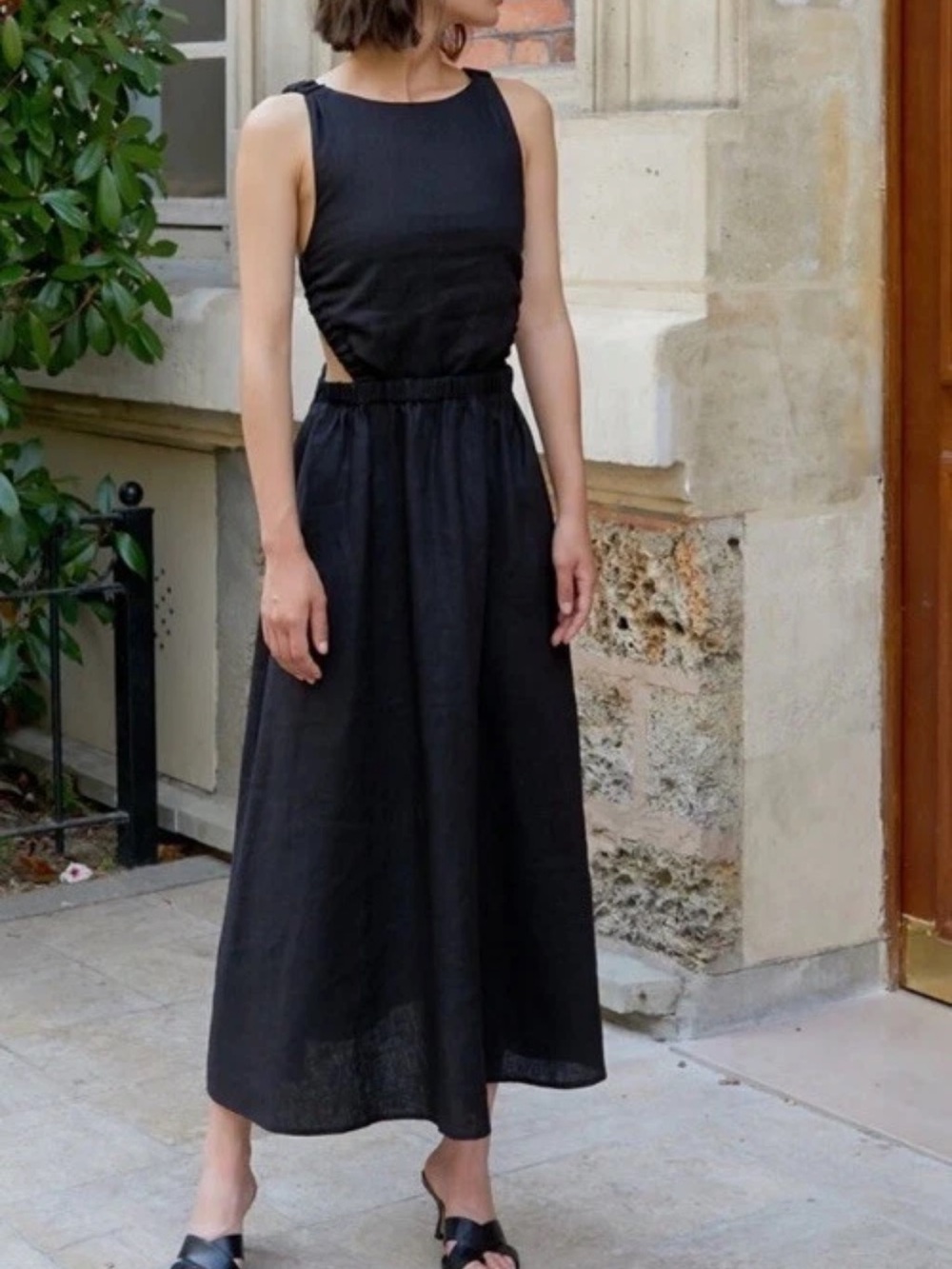 Classic Black Cutout Midi Dress - Women's Sleeveless Style linen Beatrice